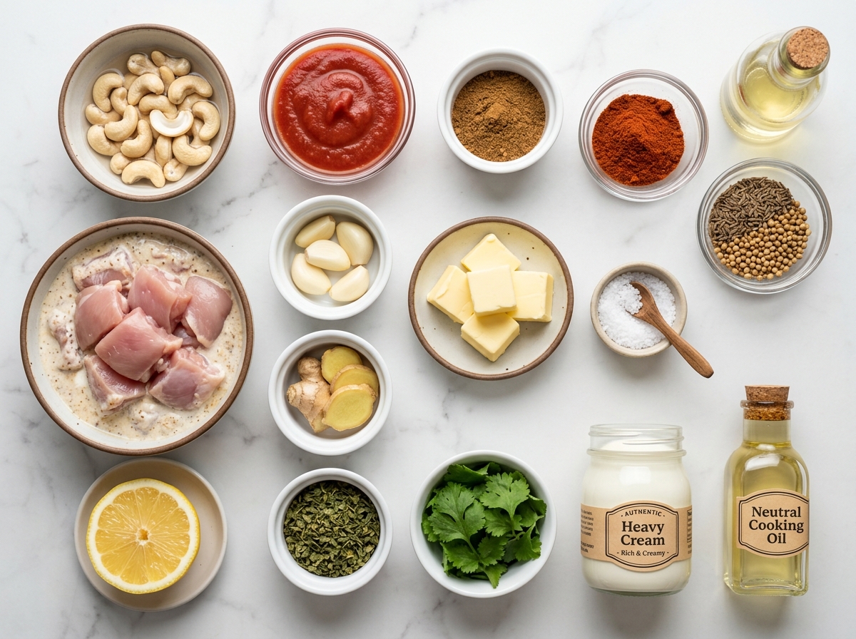 Raw ingredients for butter chicken with spices, cream, cashews, and tomato
