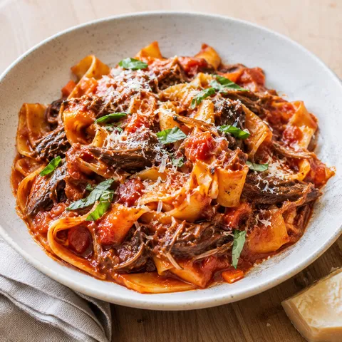 Short rib tomato ragu with pappardelle, parmesan, and basil