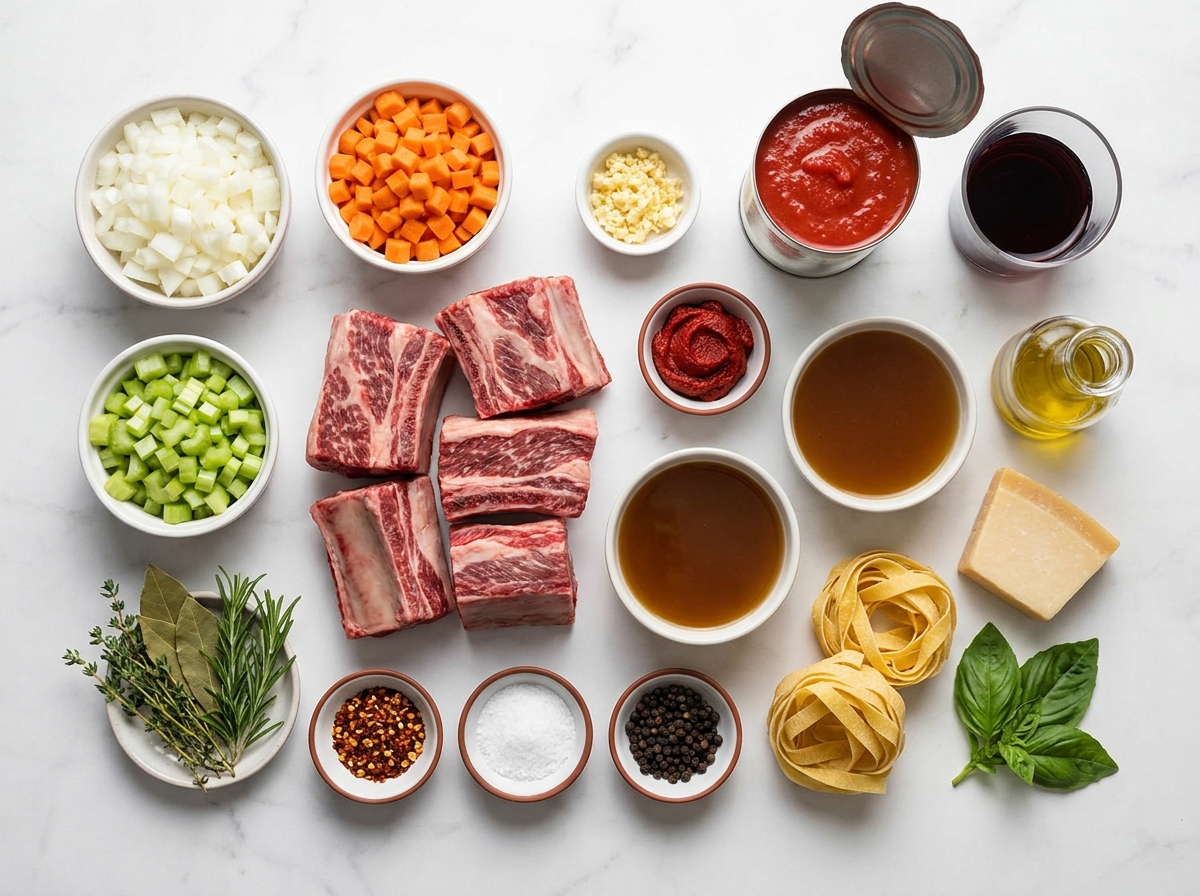 Ingredients for short rib tomato ragu with pasta and herbs