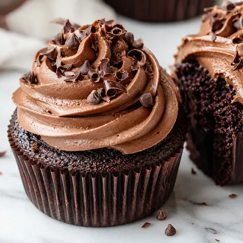 Chocolate cupcakes with whipped chocolate buttercream and chocolate curls