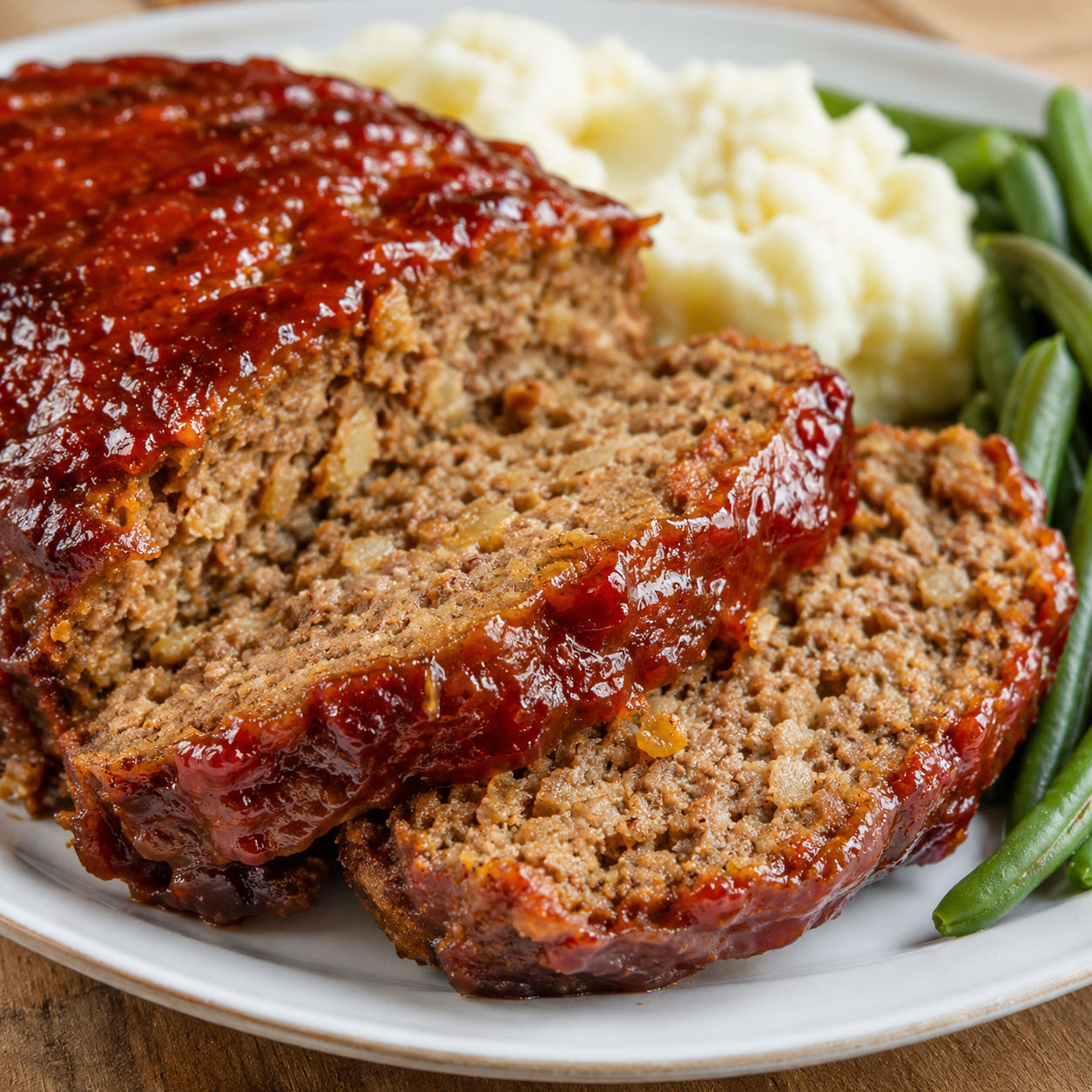 Ritz cracker beef meatloaf slices with ketchup glaze and green beans