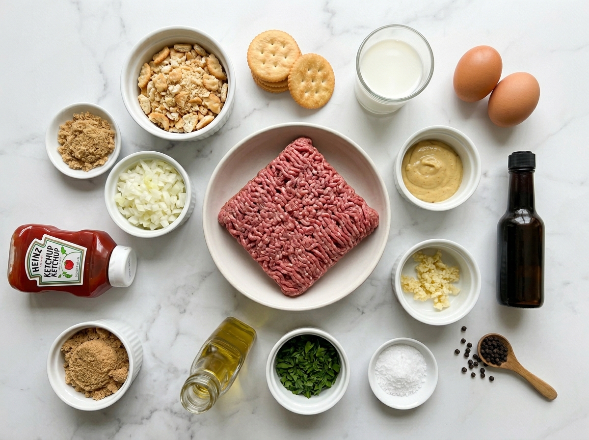 Raw ingredients for Ritz cracker beef meatloaf on a wooden surface