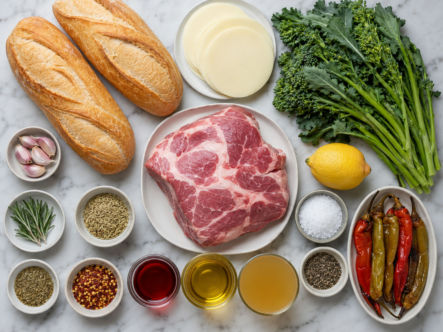Ingredients for roast pork sandwiches with broccoli rabe and provolone
