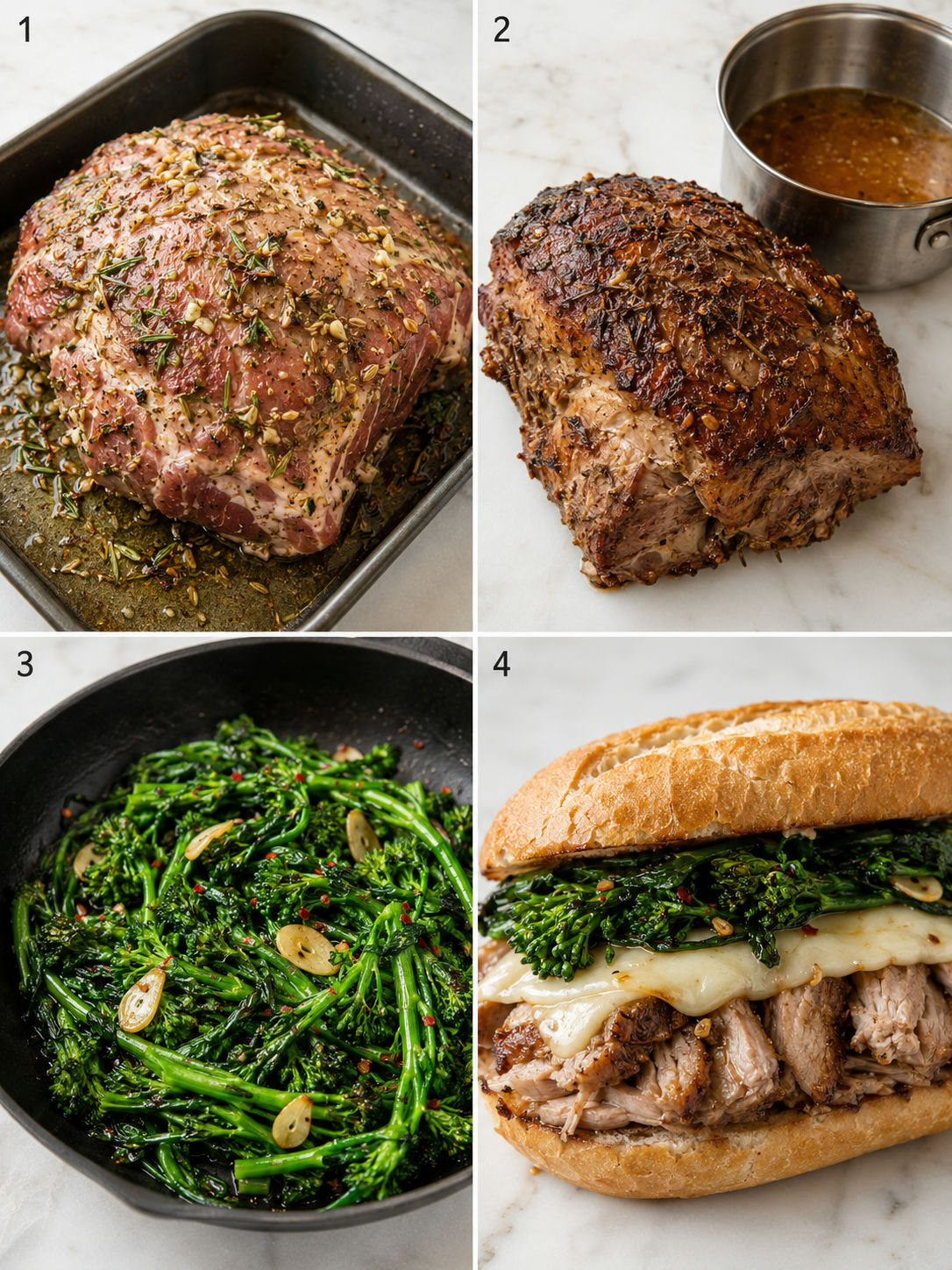 Four cooking steps for roast pork sandwiches with broccoli rabe