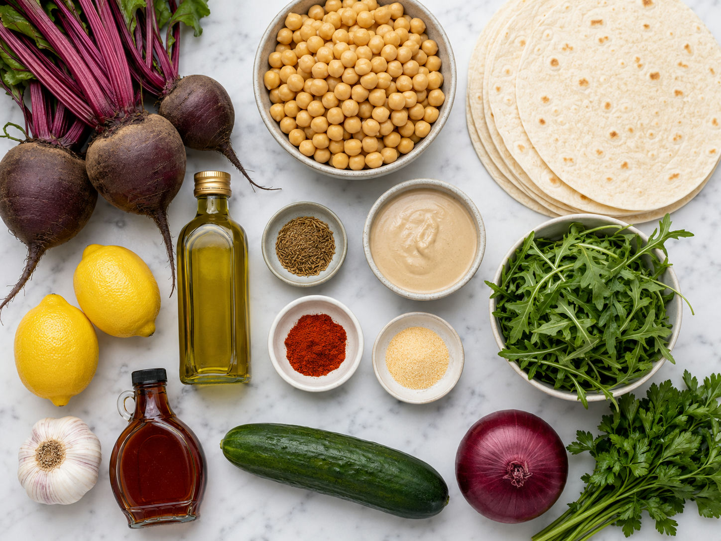 Ingredients for beet chickpea wraps with tahini lemon sauce