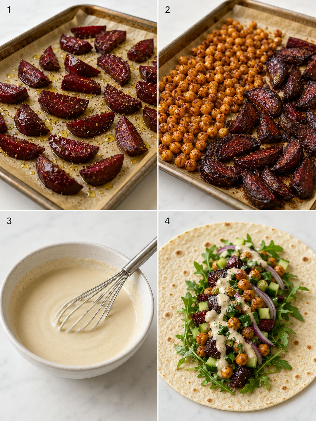 Steps for roasting beets and chickpeas and rolling tahini wraps