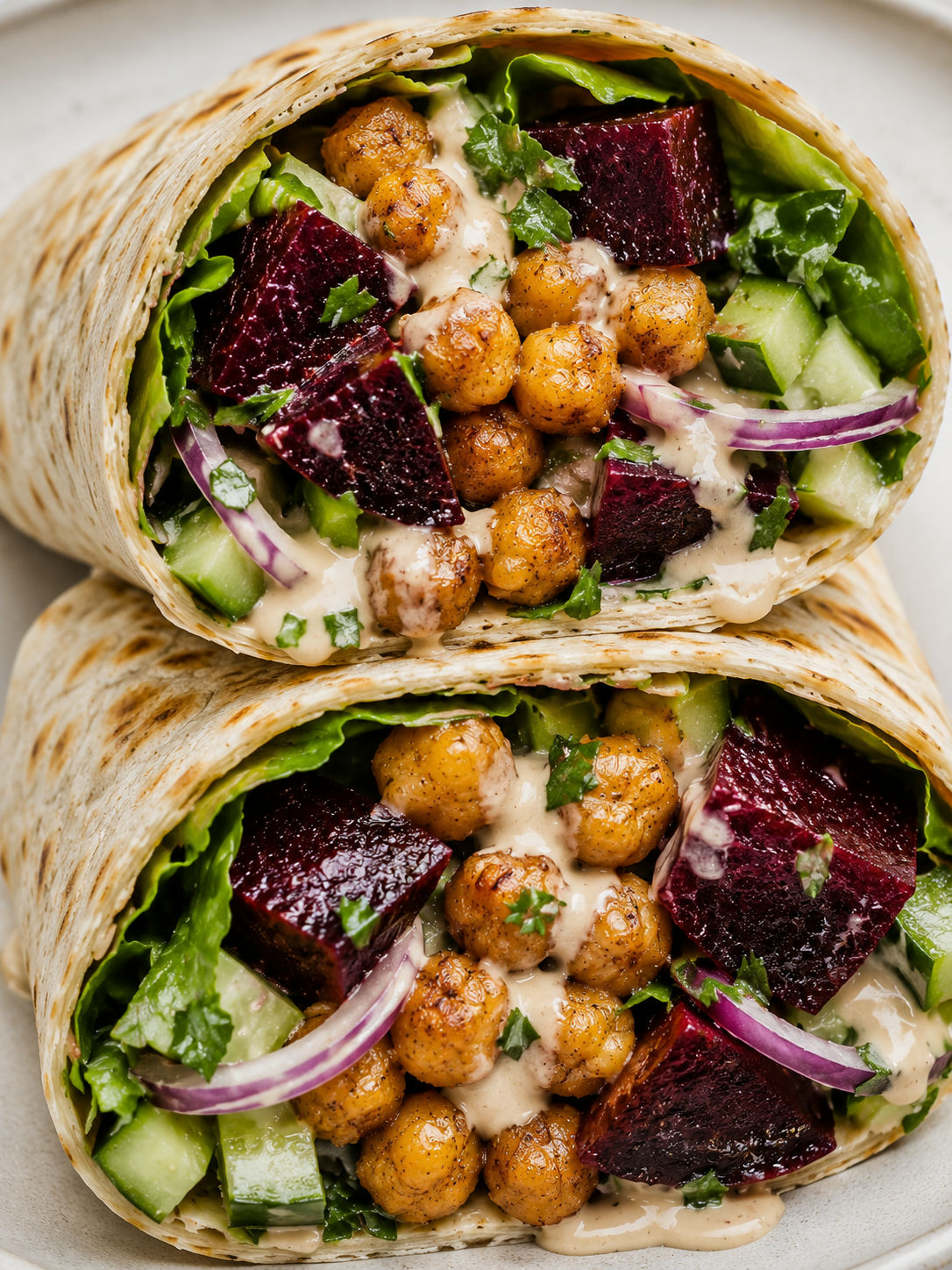 Cut beet and chickpea wraps filled with greens and tahini sauce