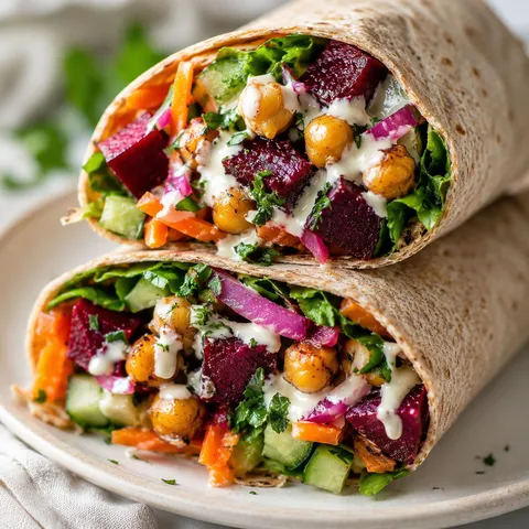 Roasted beet chickpea wraps with tahini sauce and fresh vegetables