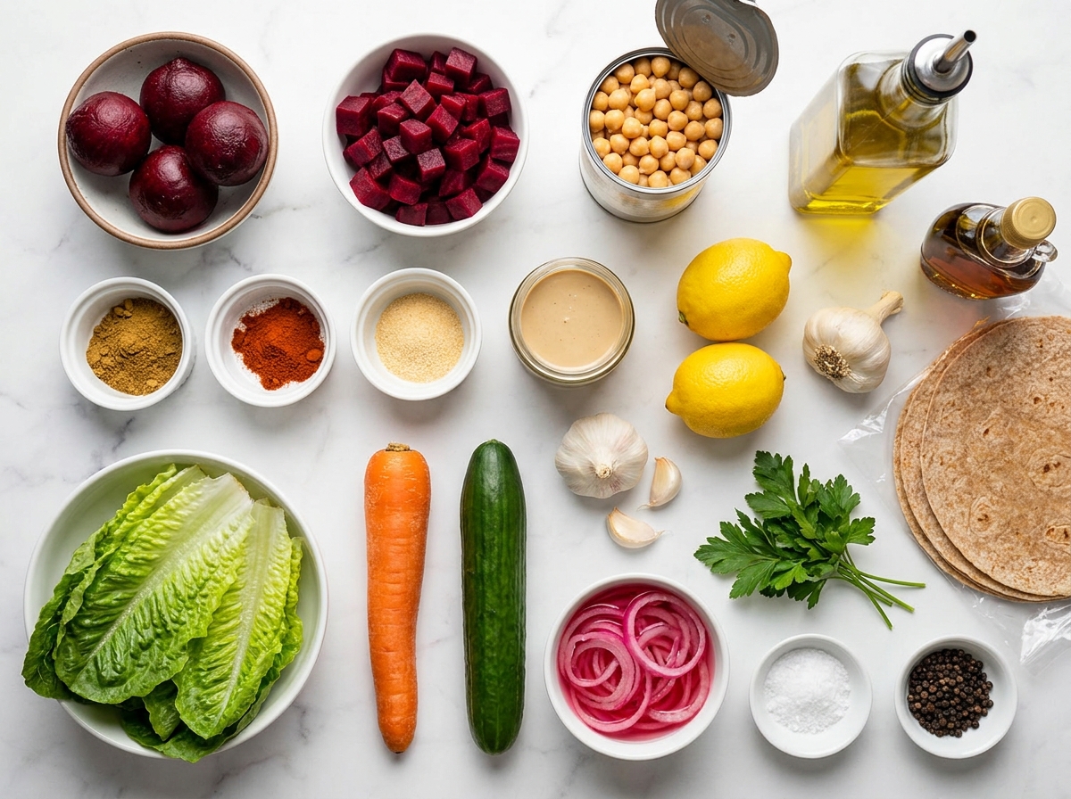 Ingredients for beet chickpea wraps with tahini, greens, and tortillas