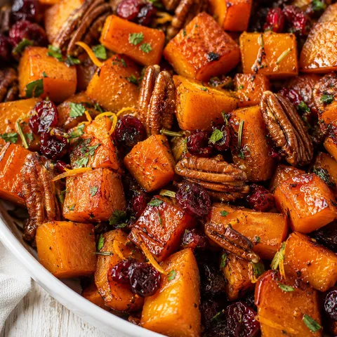 Roasted butternut squash with cranberries, pecans, rosemary, and parsley