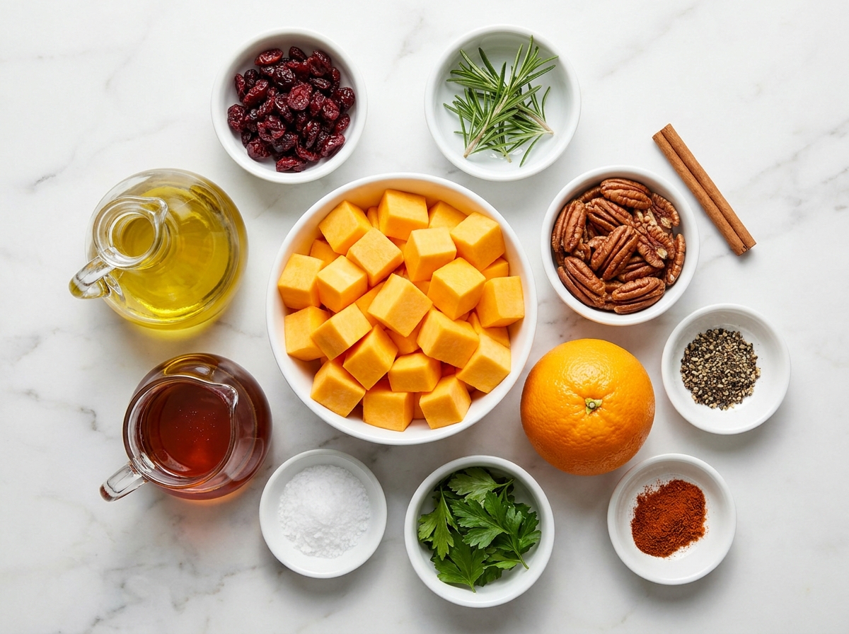 Ingredients for roasted butternut squash with cranberries and pecans