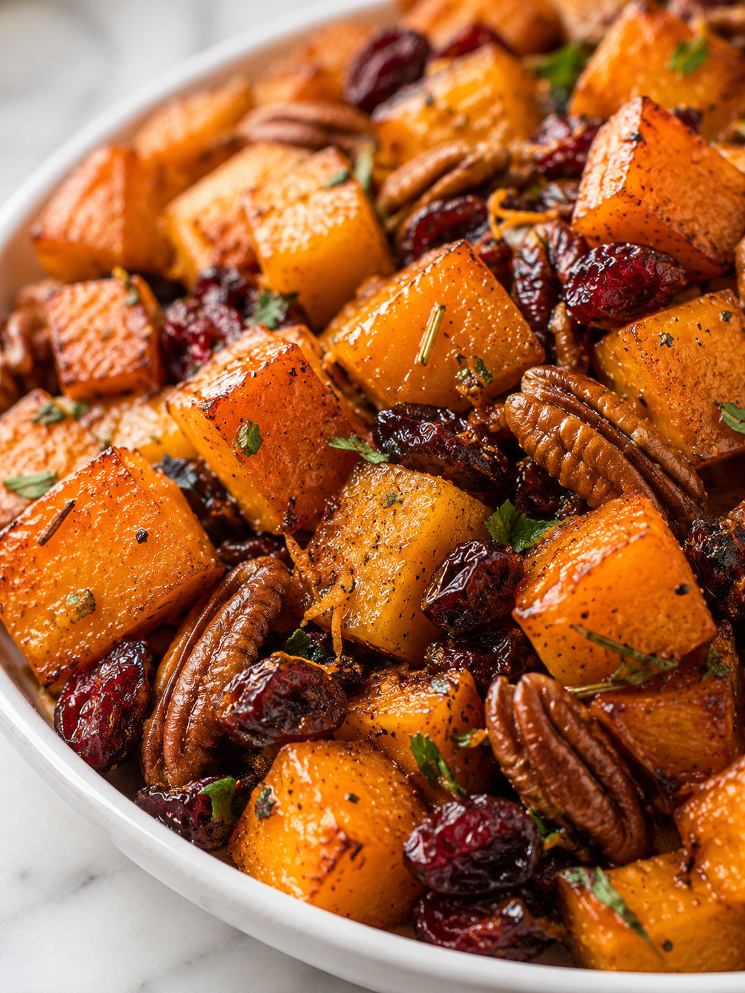 Roasted Butternut Squash with Cranberries and Pecans, plated and served