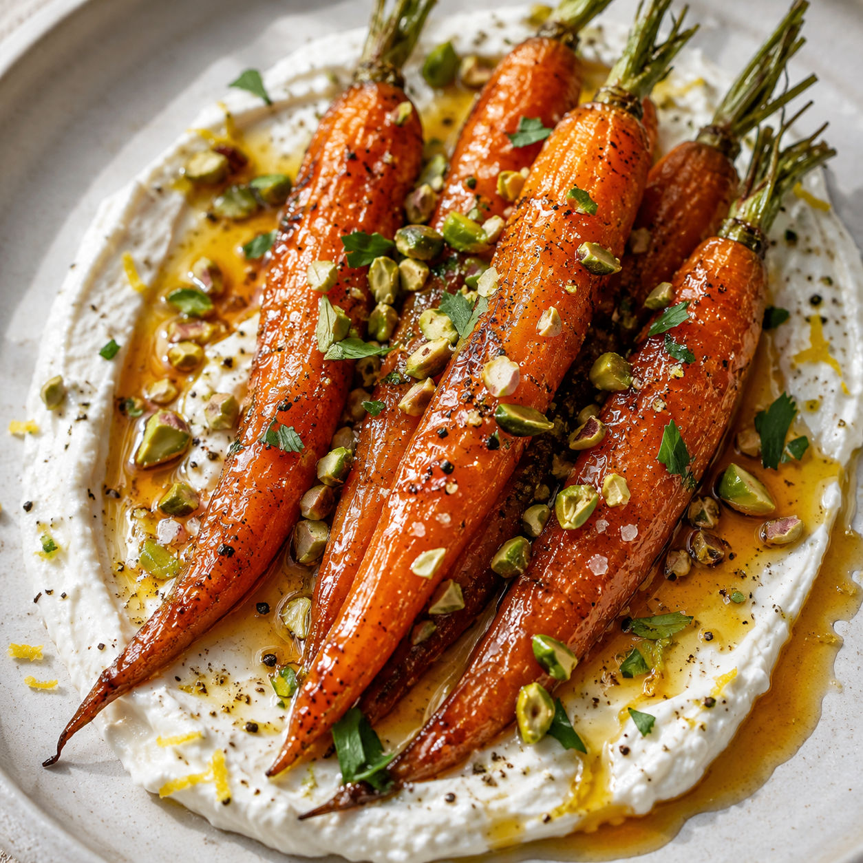 Roasted carrots on whipped ricotta with hot honey and pistachios