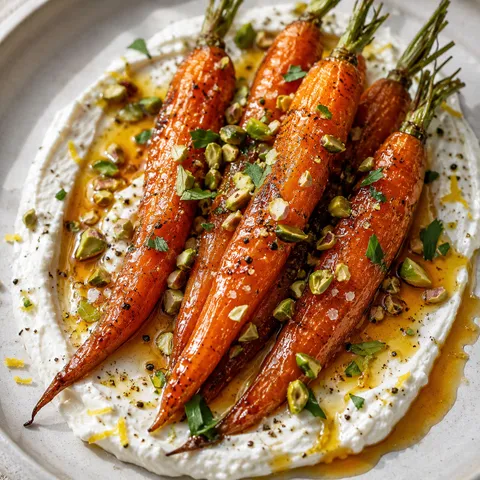 Roasted carrots on whipped ricotta with hot honey and pistachios