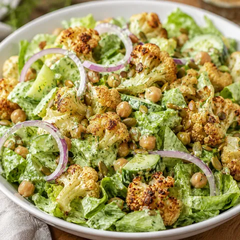 Roasted cauliflower green goddess salad with chickpeas and pumpkin seeds in a white bowl