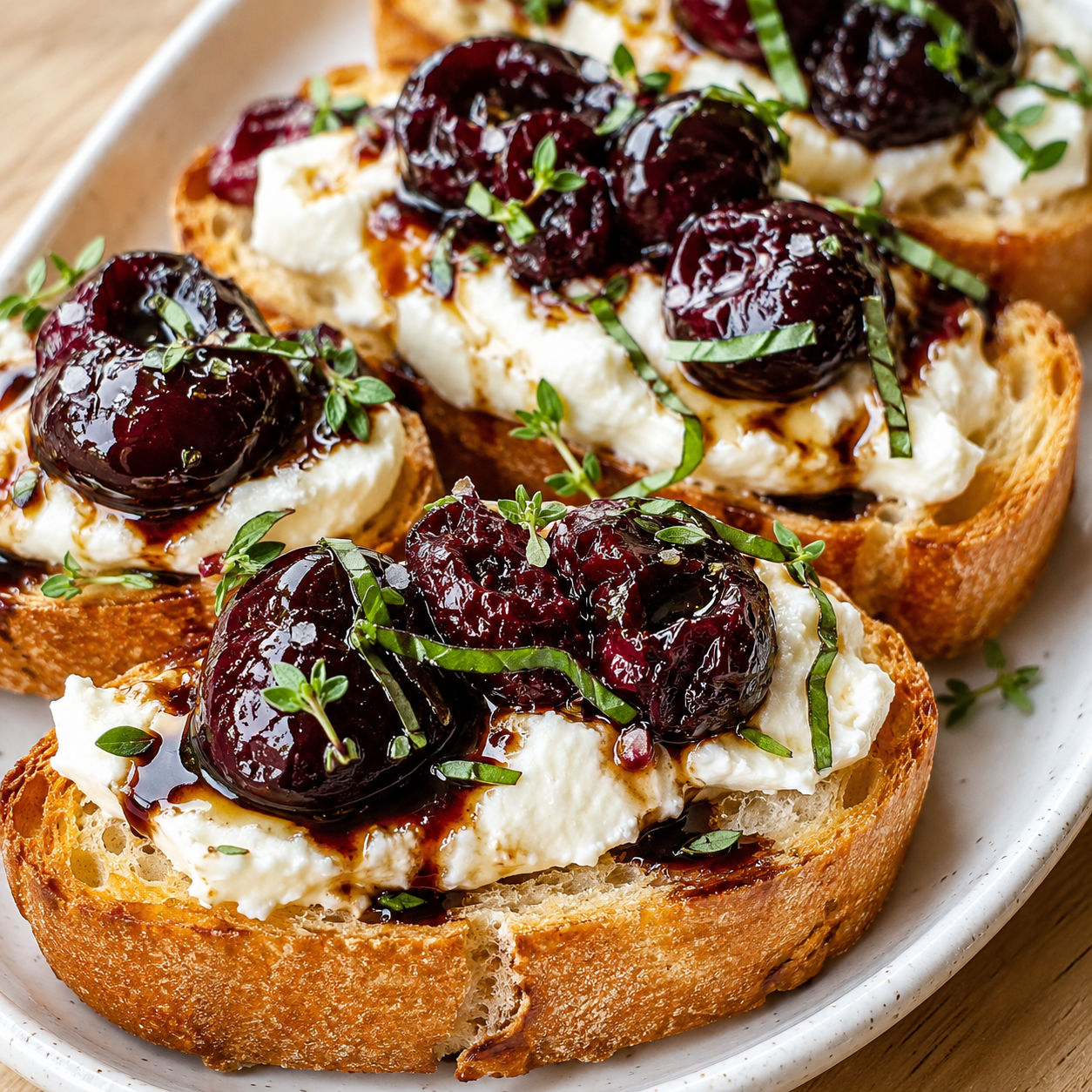 Roasted cherry goat cheese crostini with basil and balsamic glaze
