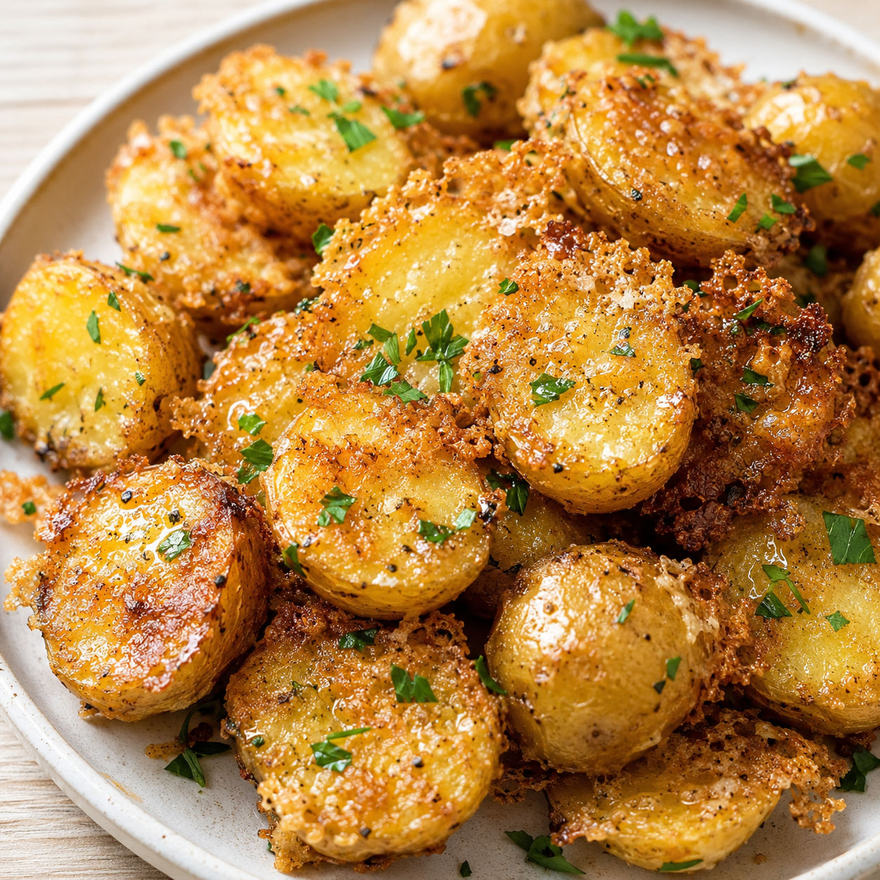 Roasted parmesan potatoes with crispy golden cheese crust and fresh parsley