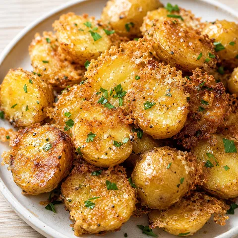 Roasted parmesan potatoes with crispy golden cheese crust and fresh parsley