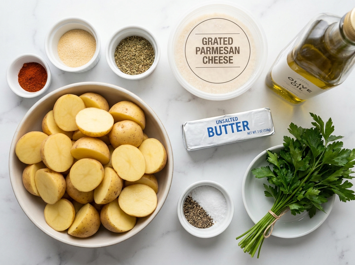 Raw ingredients for roasted parmesan potatoes on a wooden board