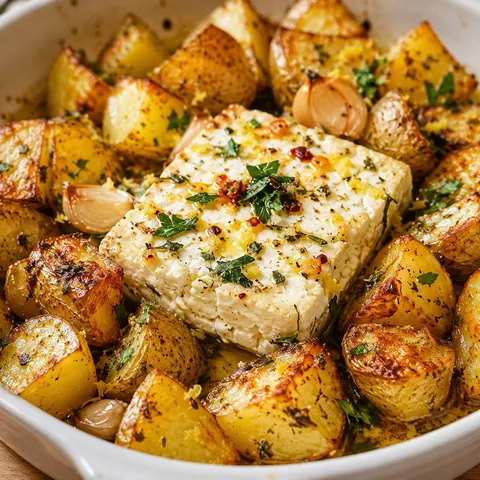 Roasted potatoes with baked feta, garlic cloves, parsley, and lemon zest