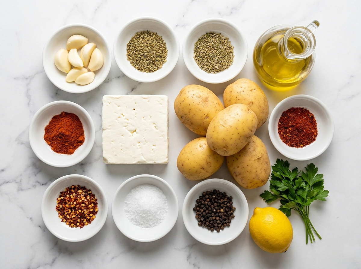 Potatoes, feta, garlic, lemon, parsley, olive oil, and spices for roasting