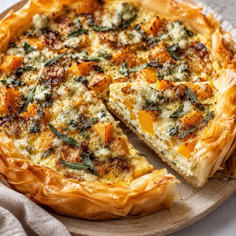 Roasted pumpkin quiche with Gorgonzola, onions, and sage in a flaky crust