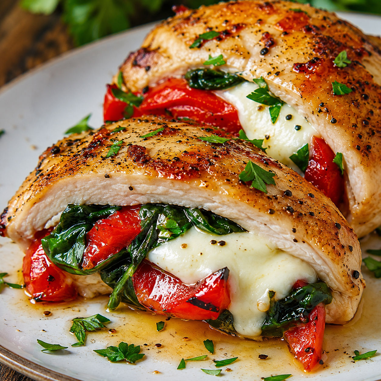 Roasted red pepper spinach mozzarella stuffed chicken sliced open on a white plate
