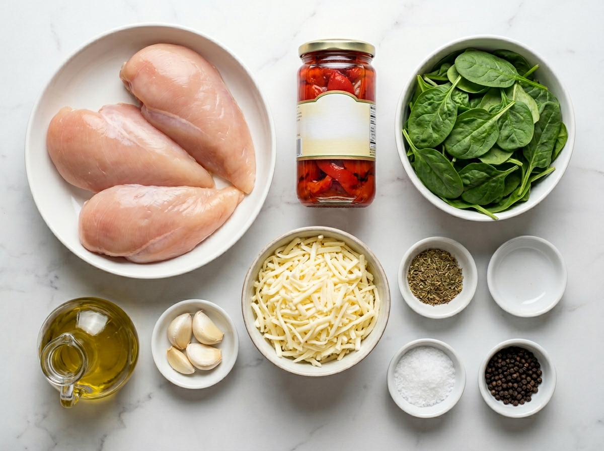 Raw ingredients for roasted red pepper spinach mozzarella stuffed chicken on a wooden board