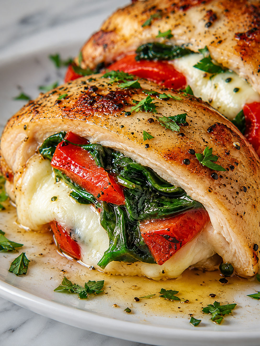Roasted Red Pepper, Spinach, and Mozzarella Stuffed Chicken, plated and served
