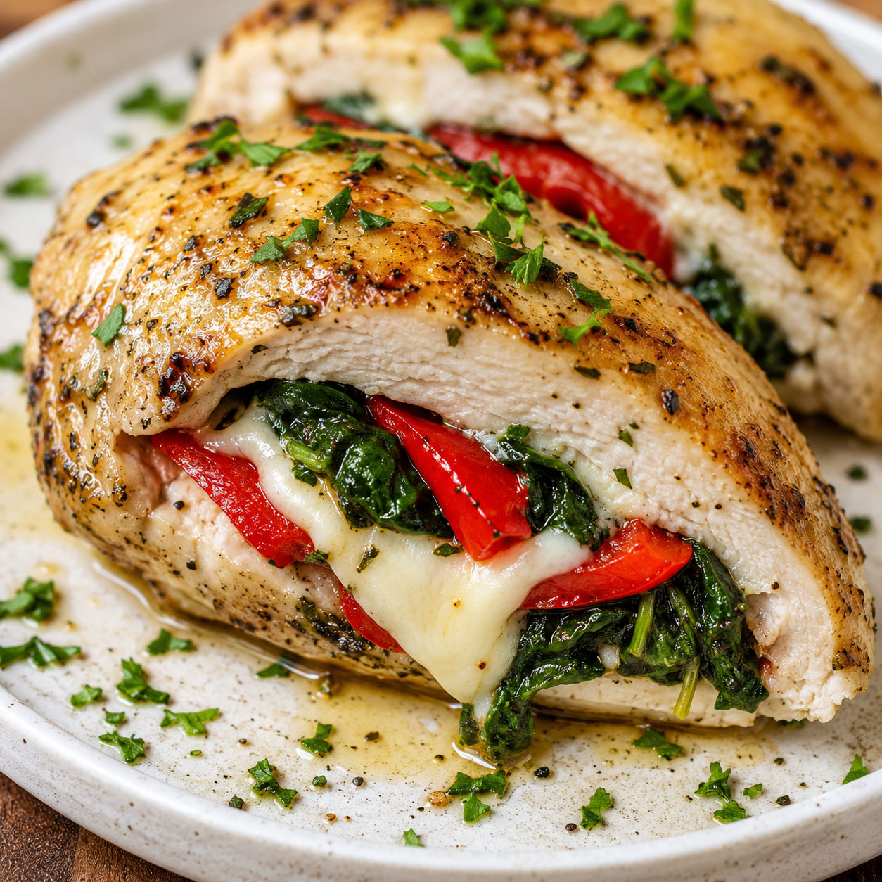 Sliced stuffed chicken breast with roasted red pepper, spinach, and melted mozzarella on a plate
