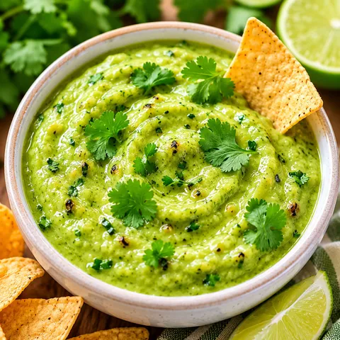 Roasted tomatillo avocado salsa with cilantro, lime, and tortilla chips