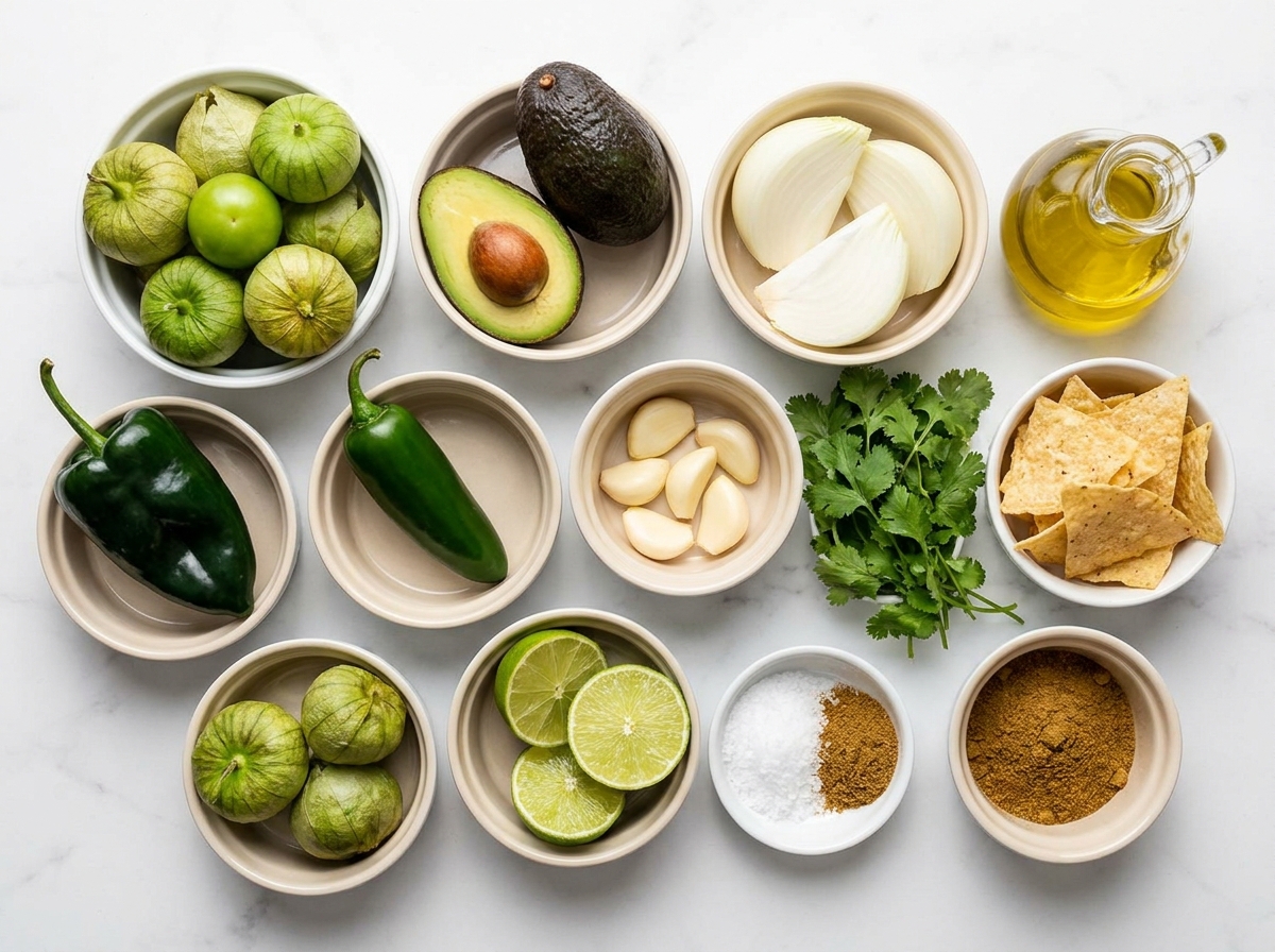 Tomatillos, avocados, chiles, cilantro, lime, and garlic for green salsa