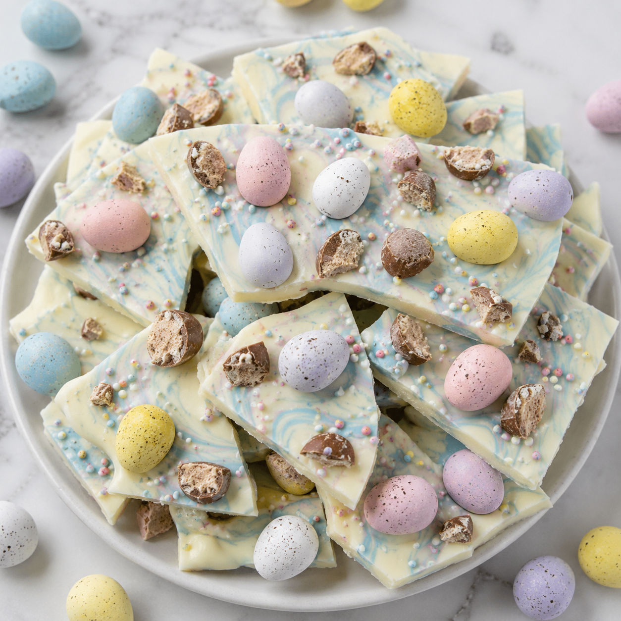 Robin Egg Easter Bark with blue swirls and speckled malted egg candies