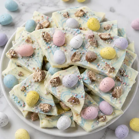 Robin Egg Easter Bark with blue swirls and speckled malted egg candies