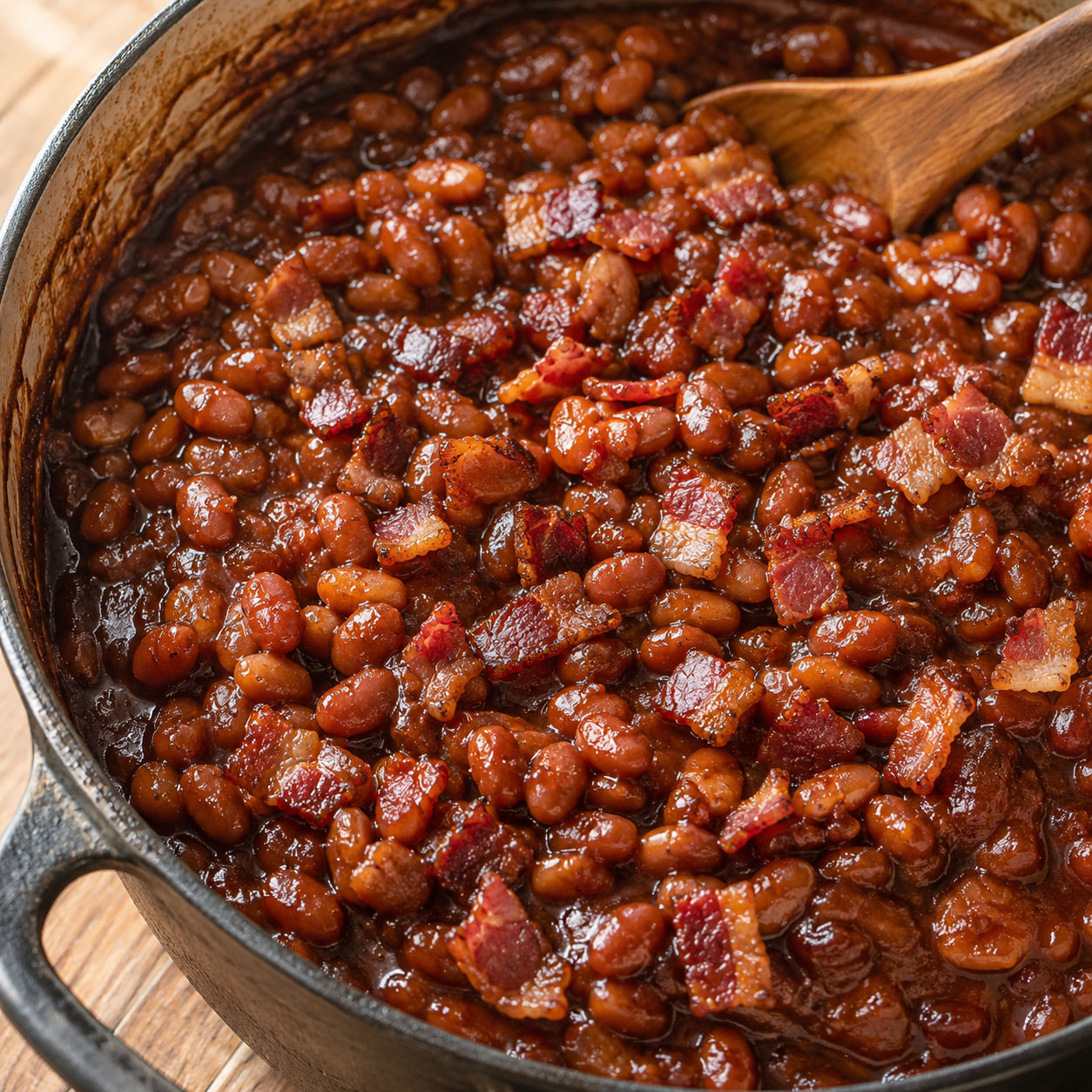Root beer baked beans with smoky bacon in a cast iron pot