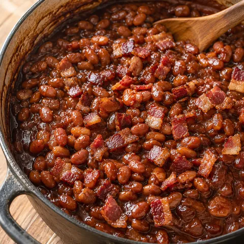 Root beer baked beans with smoky bacon in a cast iron pot