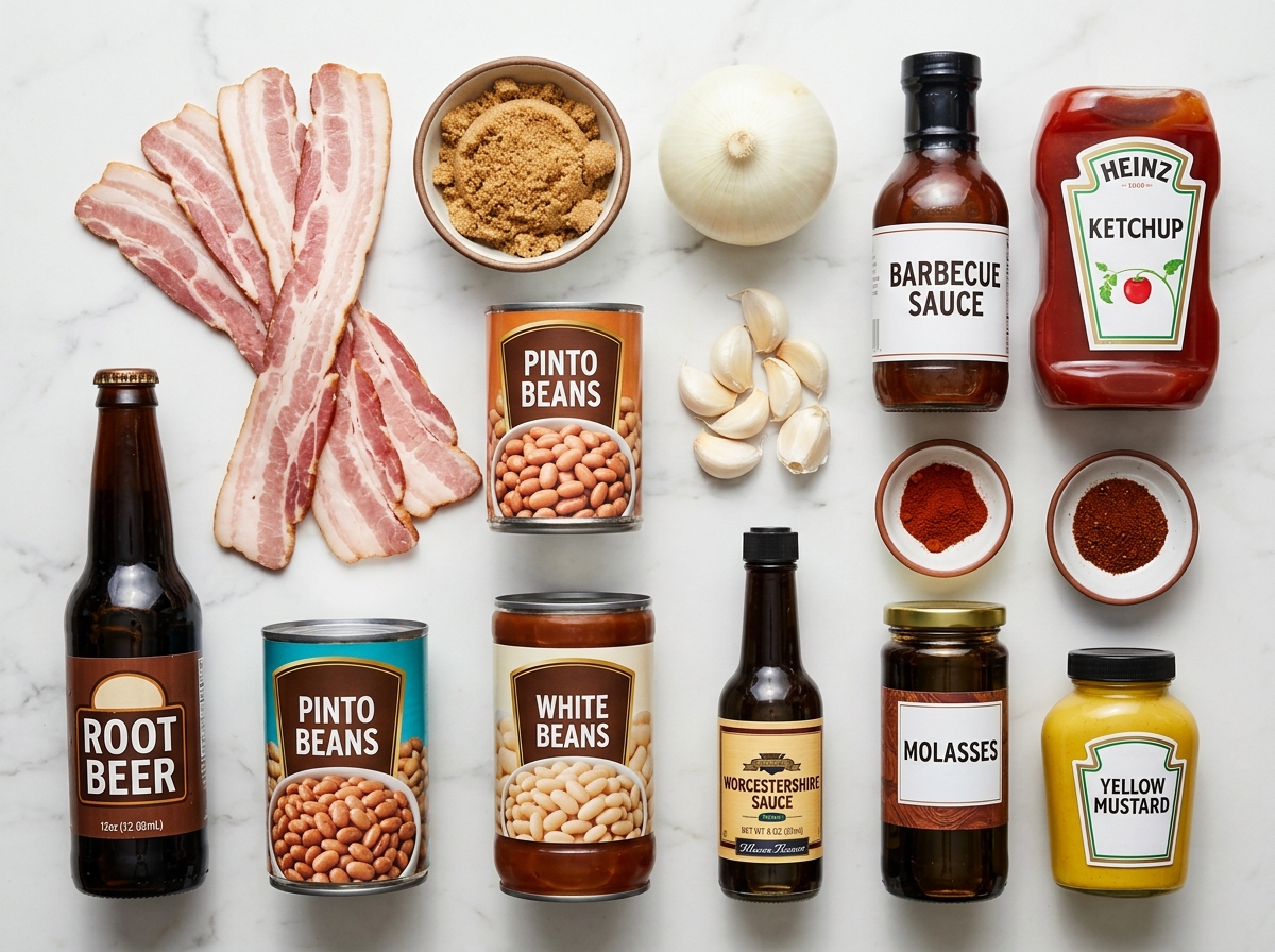 Raw ingredients for root beer baked beans on a wooden board