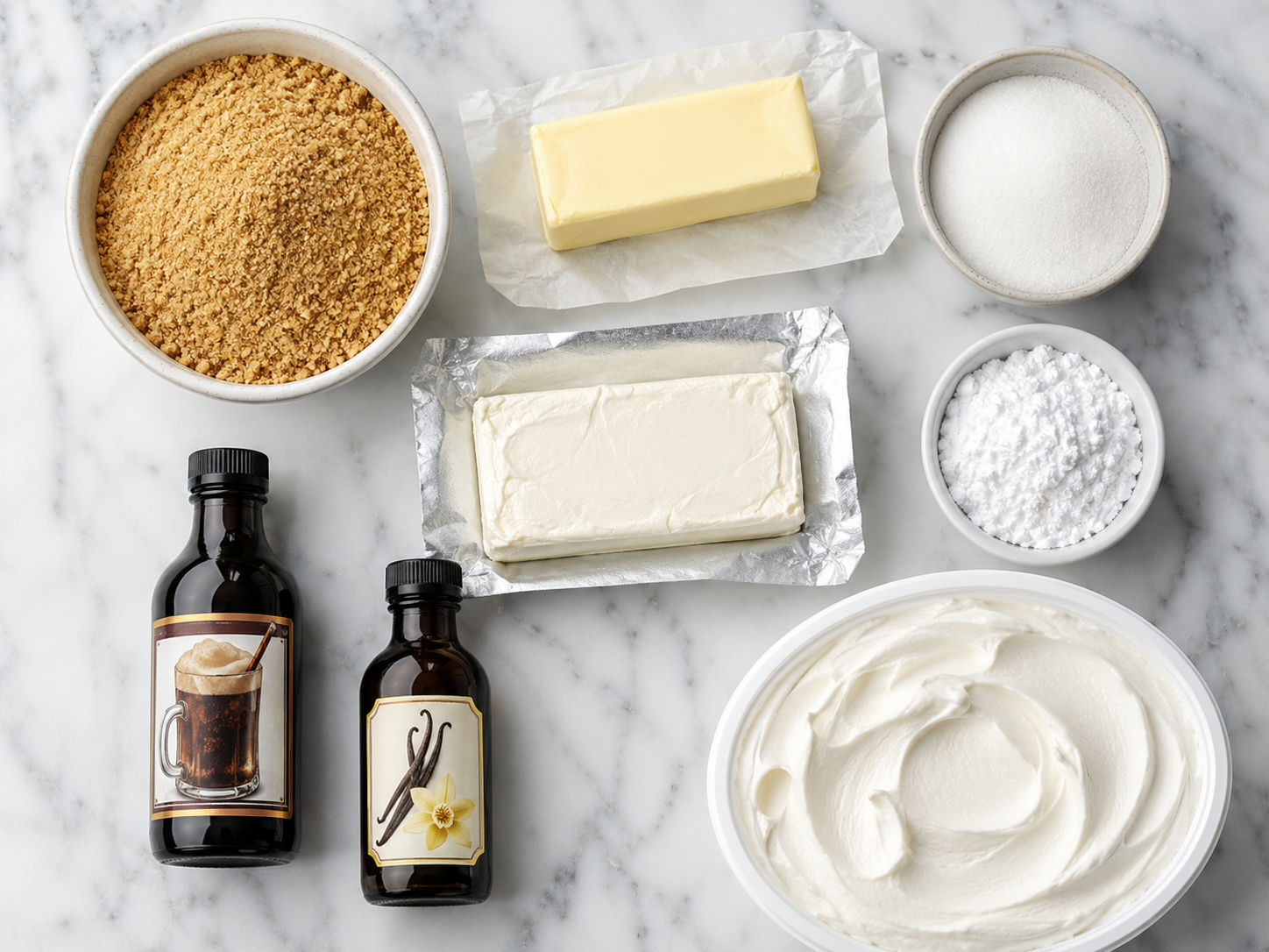 Raw ingredients for root beer float pie including cream cheese, graham cracker crumbs, and root beer extract on a wood surface