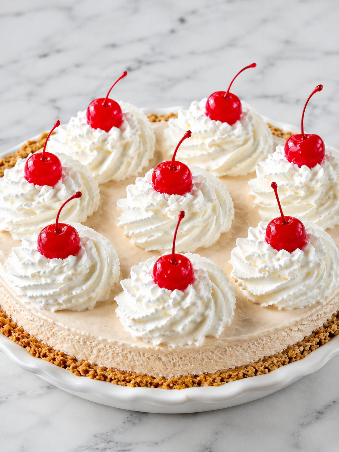 Whole root beer float pie topped with piped whipped cream swirls and maraschino cherries