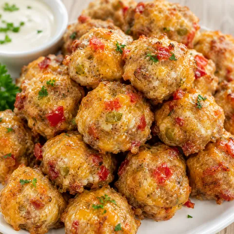 Golden Rotel cream cheese sausage balls with ranch dip on a white platter