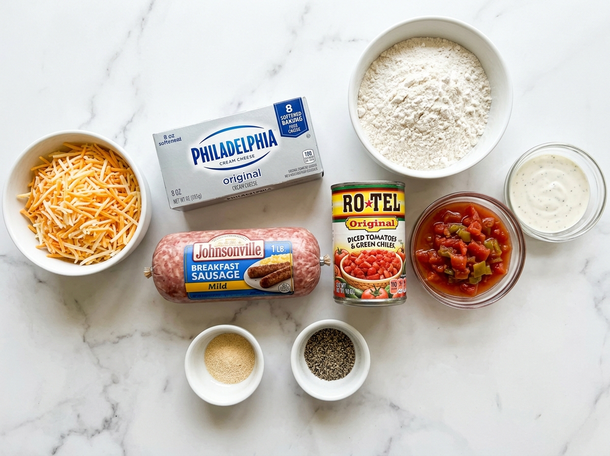Raw ingredients for Rotel cream cheese sausage balls on a wooden surface