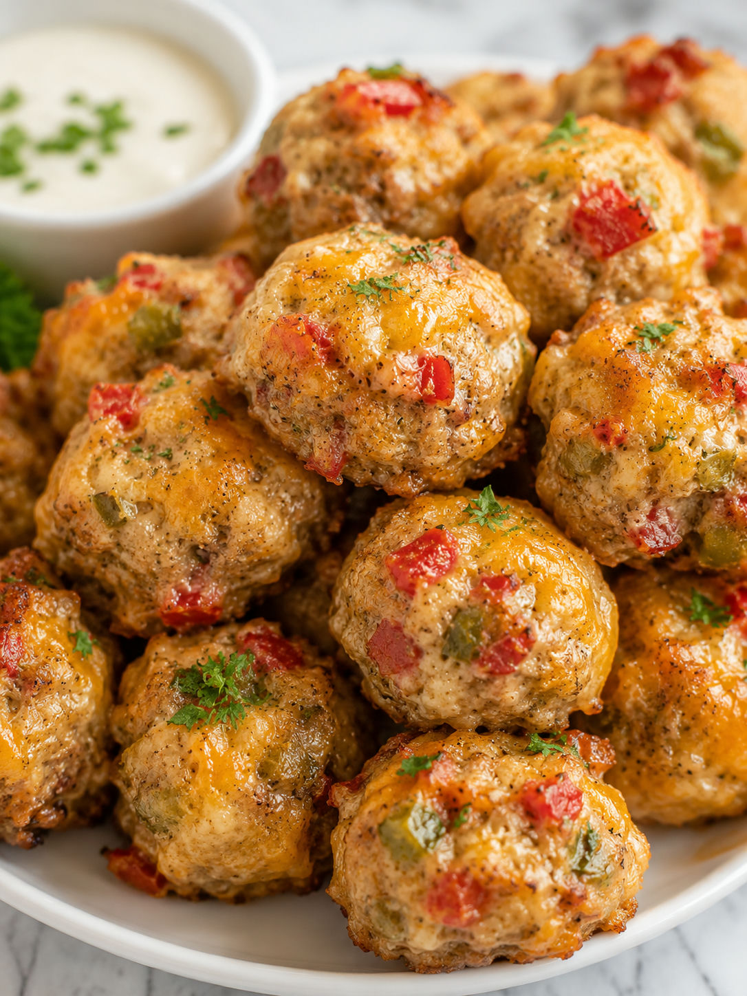 Rotel Cream Cheese Sausage Balls, plated and served