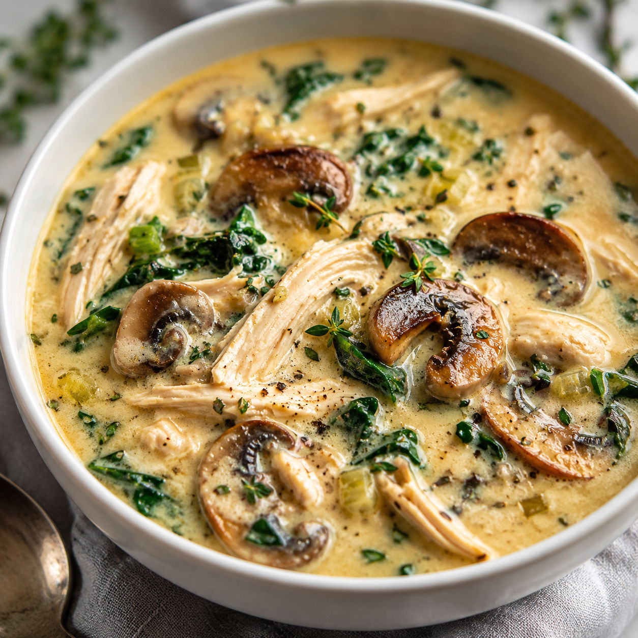 Creamy rotisserie chicken mushroom soup with spinach and thyme