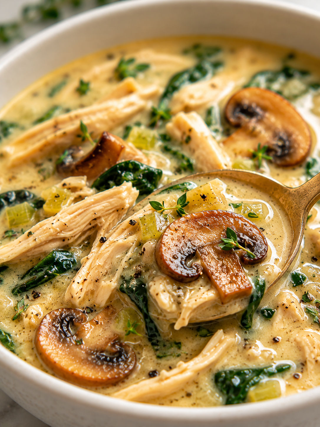 Rotisserie Chicken Mushroom Soup, plated and served