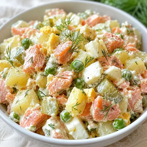 Russian salmon potato salad with eggs, peas, and dill in a white bowl