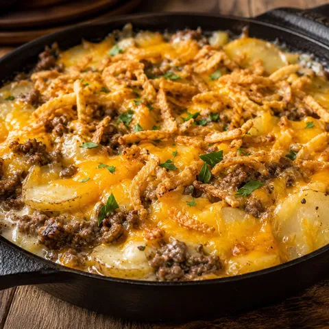 Beef and potato casserole with cheddar and crispy onions in a cast iron skillet