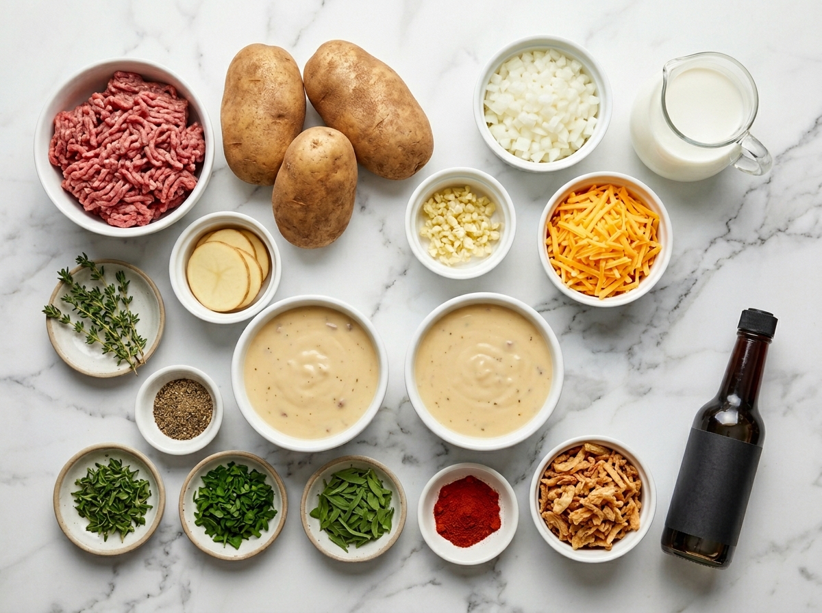 Ingredients for beef and potato casserole with cheddar, potatoes, and onions