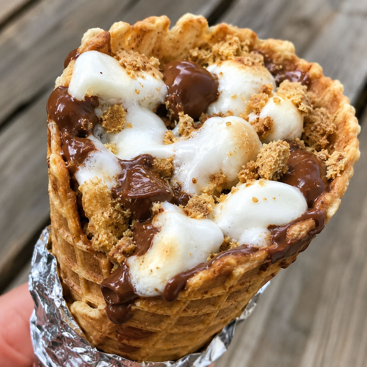 S'mores campfire cone with melted chocolate and marshmallows in foil