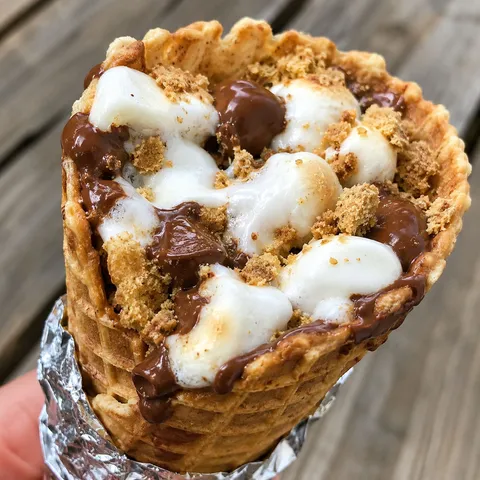 S'mores campfire cone with melted chocolate and marshmallows in foil