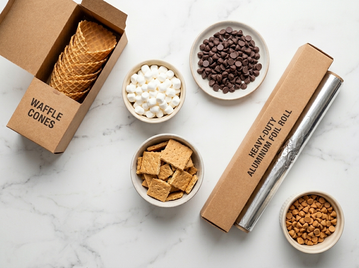 Waffle cones, marshmallows, chocolate chips, and graham crackers for campfire cones
